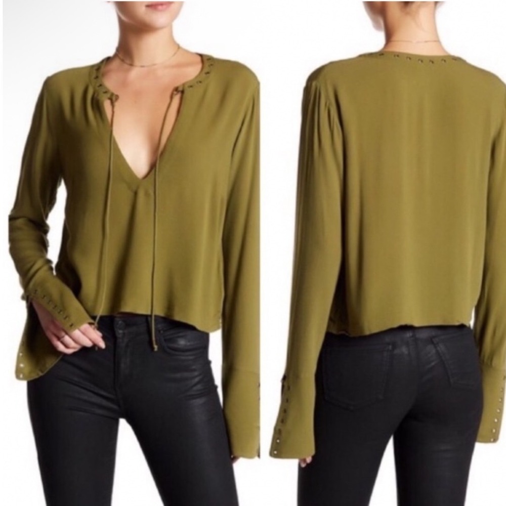 Free People Olive Green Grommet Lace Up V-Neck Long Sleeve Blouse Size M